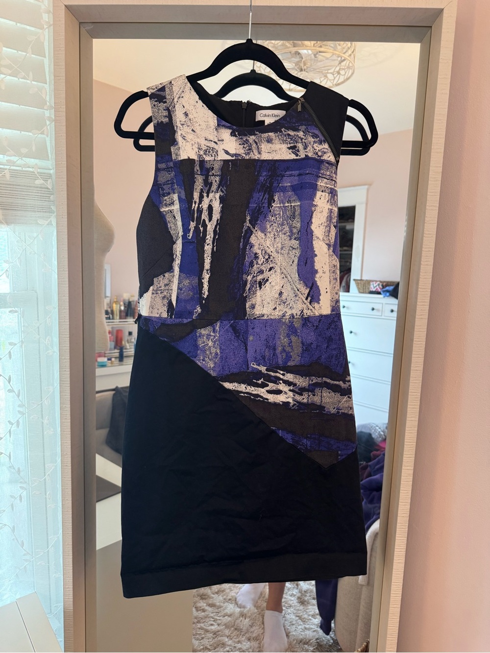 Calvin Klein Black, Blue and White Abstract Panel Mini Dress
